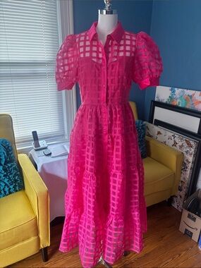 English Factory Hot Pink Sheer Check Maxi Dress